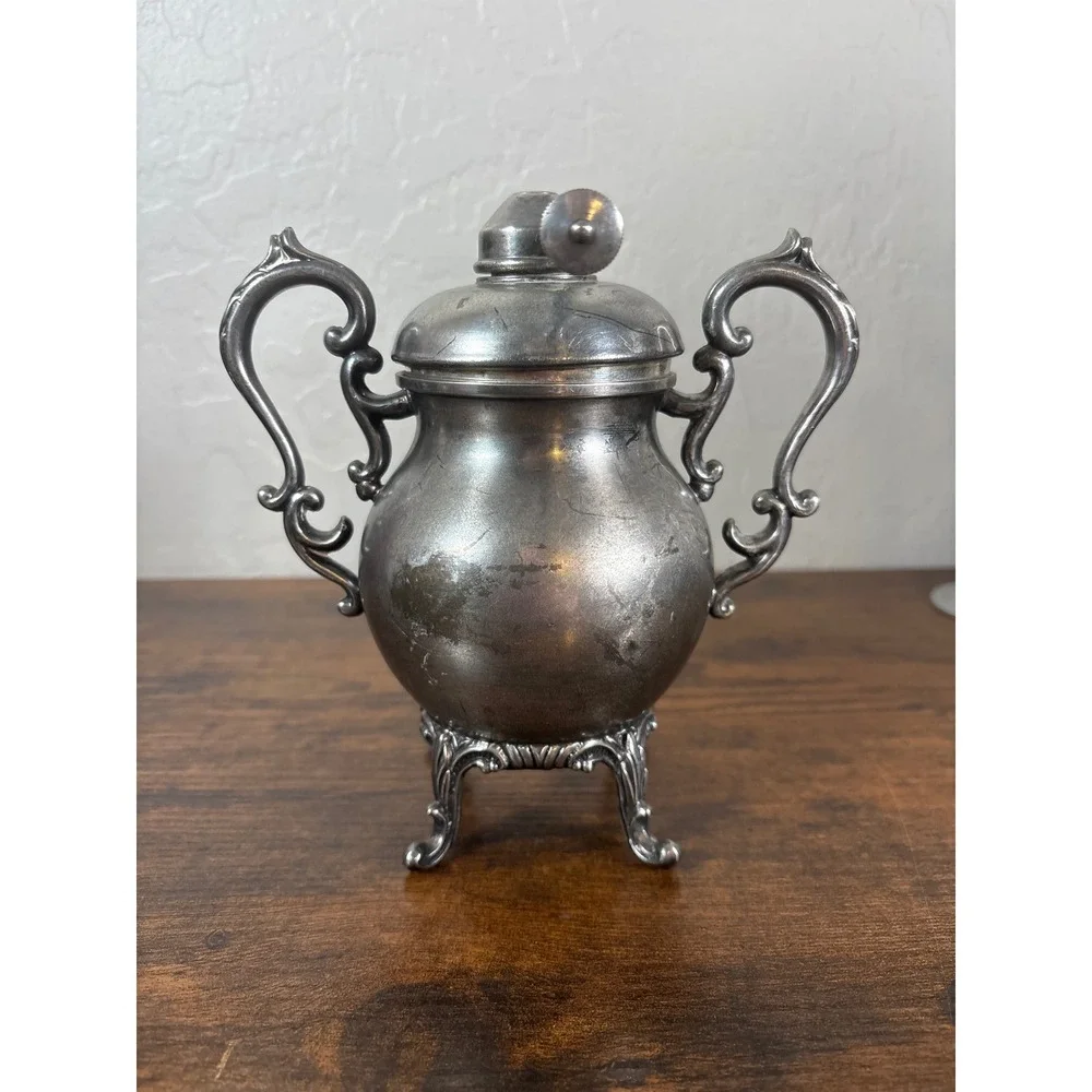 Antique Silver on Copper 5pc Tea Set Tilting Kettle Stand Victorian Ornate Hallm